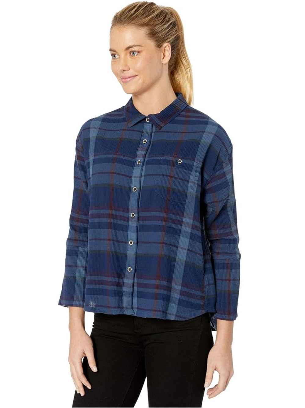 PrAna 100% Organic Cotton Fillary Plaid Button-Down Shirt Blue Women Size S
